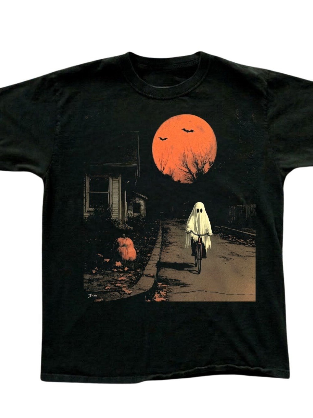 Gildan Black Short Sleeve Tee with Orange Moon & Ghost Biker Graphic